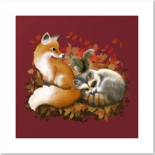 Fox, racoon and squirrel during autumn Posters and Art